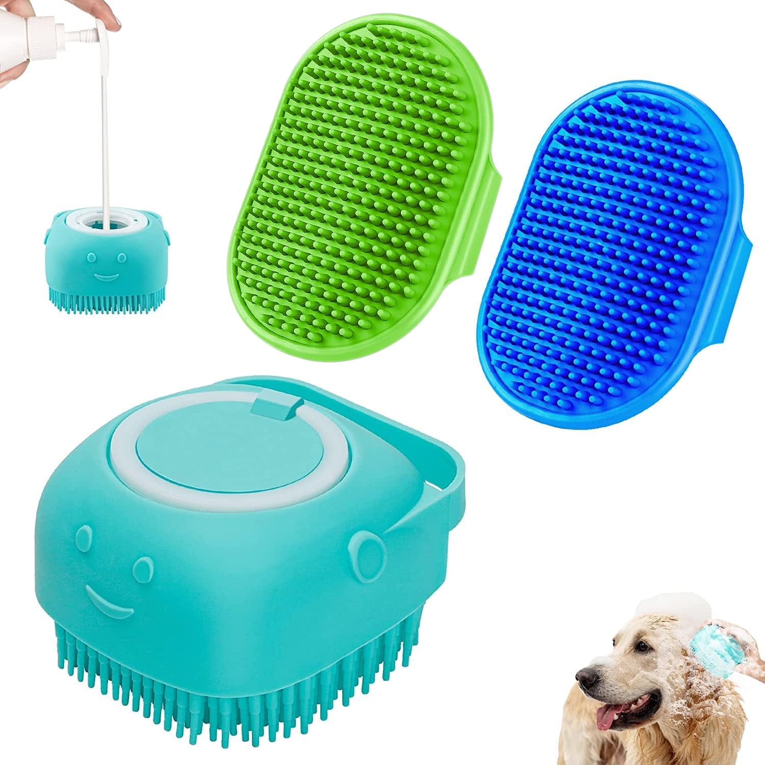  Dog Bath Brush, Soft Silicone Rubber Dog Grooming Brush Pet  Massage Brush Shampoo Dispenserfor Short Long Haired Dogs and Cats Washing  Shower(blue) : Pet Supplies