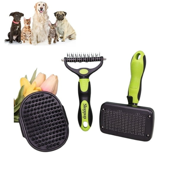 3PCS Dog Grooming Kit - Deshedding Brush, Slicker Brush, Bath Brush and Comb for Pet Supplies (Green Black)