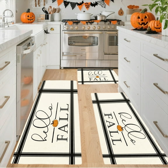 3PCS Door Mat, Halloween Welcome Door Rug, Kitchen Flannel Mat, Home Decor for Front Door,Kitchen, Bathroom, Hello Fall Pattern , Great Halloween Thanksgiving Day Gift for Family and Friends.