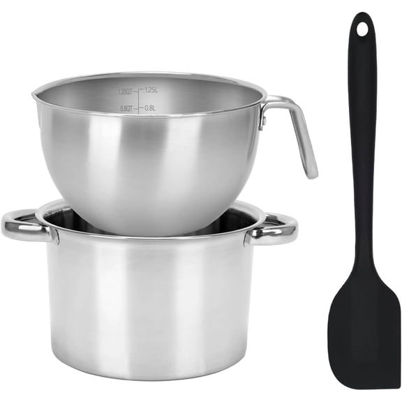 3PCS Double Boiler Pot Set, 1250ML/1.1QT Mixing Bowl with Scale 2200ML/ 2QT Stainless Steel Heating Silicone Spatula for Cheese Chocolate Candy Candle Soap Wax Melting (1250ml+2200ml)