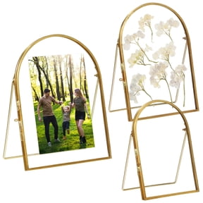 3PCS Double Sided Glass Photo Frame, Brass Metal Arched Picture Stand, Includes 6", 7", and 8" Sizes, Tabletop Display for Pressed Flowers, Photos,Pictures Home Decor Gift Idea