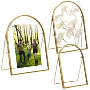 3PCS Double Sided Glass Photo Frame, Brass Metal Arched Picture Stand, Includes 6", 7", and 8" Sizes, Tabletop Display for Pressed Flowers, Photos, Pictures Home Decor Gift Idea