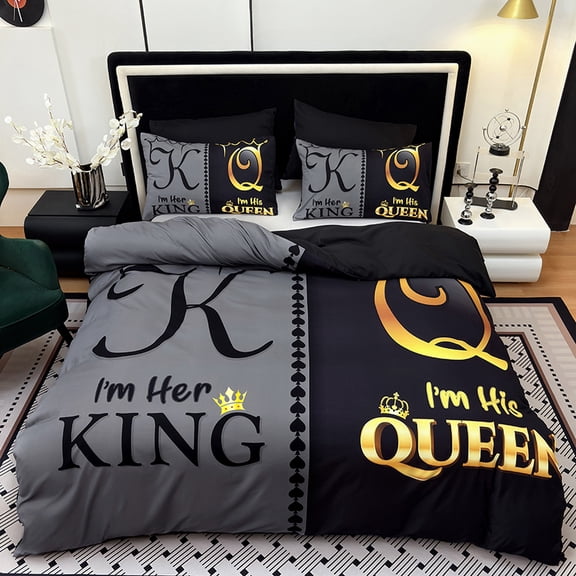3PCS Duvet cover Set The soft (1 Duvet cover + 2 Pillowcases without Pillow covers), Features high-definition digital printing of crown and letter patterns in a stylish black and gray color scheme.