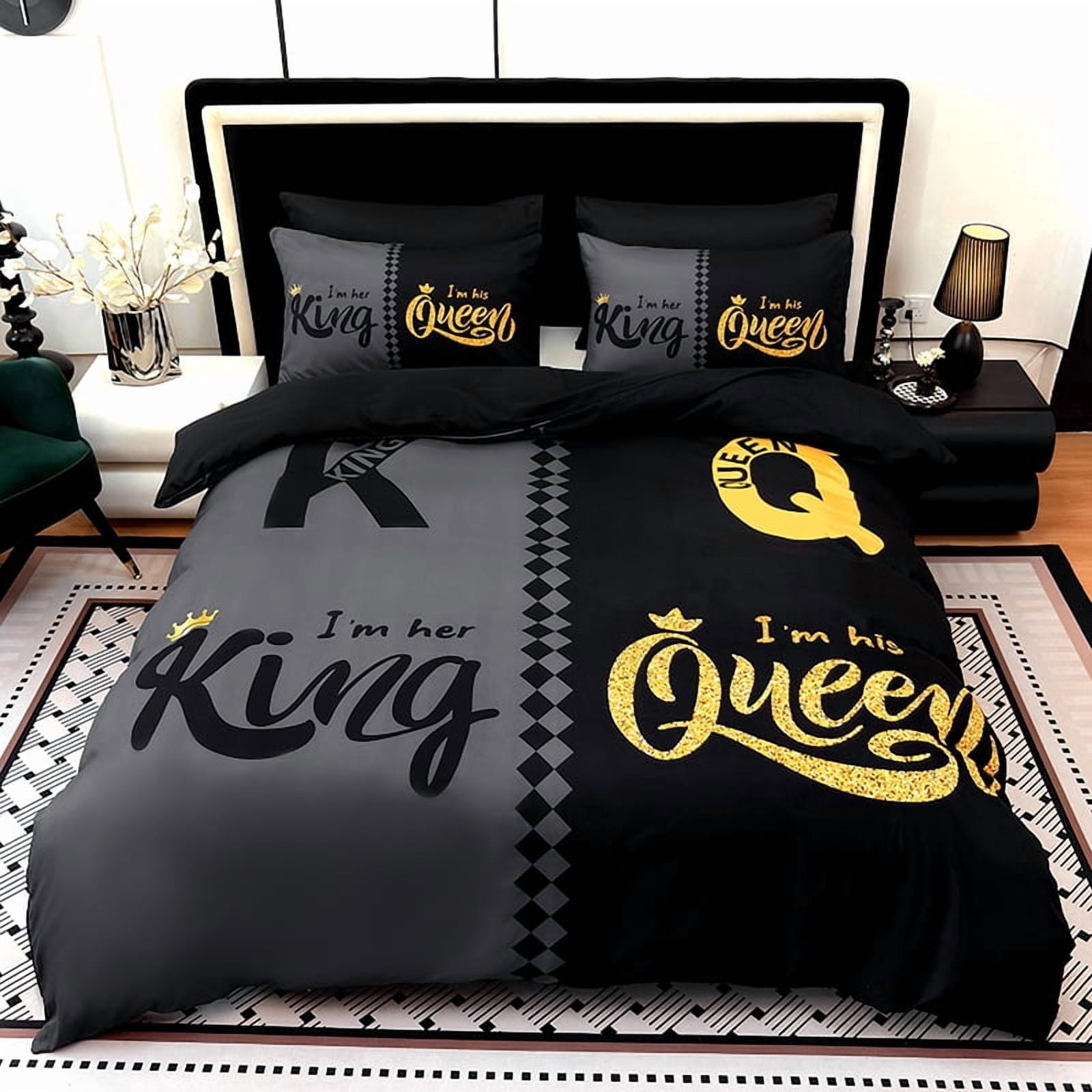 3PCS Duvet cover Set The soft (1 Duvet cover + 2 Pillowcases without Pillow covers), Features high-definition digital printing of crown and letter patterns in a stylish black and gray color scheme.