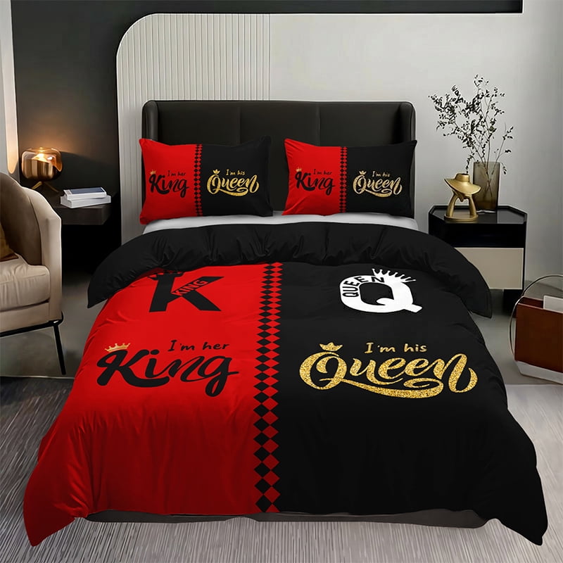 3PCS Duvet cover Set The soft (1 Duvet cover + 2 Pillowcases without Pillow covers), Features high-definition digital printing of crown and letter patterns in a stylish black and gray color scheme.