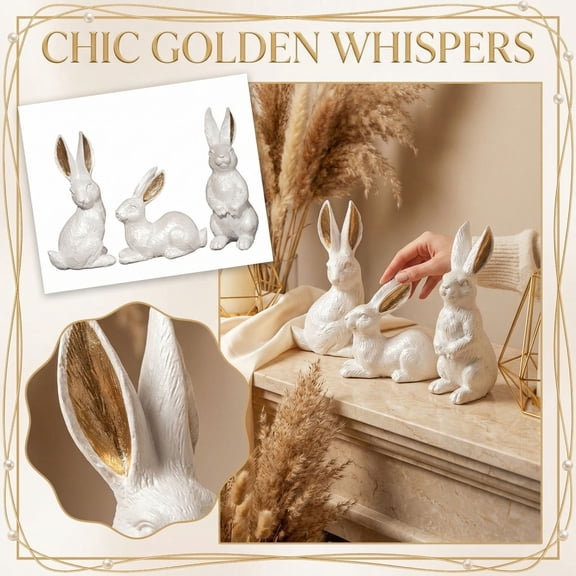 3PCS Easter Bunny Resin Figurines 4.8in Gold Ear Rabbit Tabletop Decor for Dining Table, Easter Decorations for Home Spring Easter Decor Accent