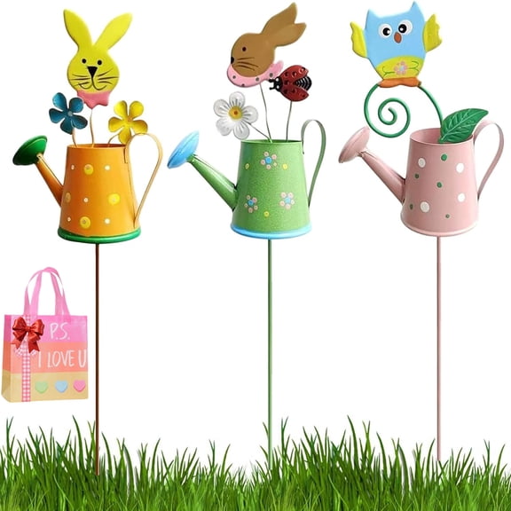 3PCS Easter Bunny Watering Can Garden Stake, Watering Can Garden Stake, Metal Watering Can Design Backyard Decor, Patio Decorative Stakes, for Spring Outdoor Garden Yard Patio Porch Lawn