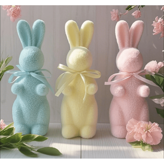 3PCS Easter Flocked Bunnies Figurine with Bow tie, Pastel Flocking Rabbit Tabletop Ornament for Easter Centerpieces for Spring Home Office Table Decor, Party Supplies Gifts for Friends