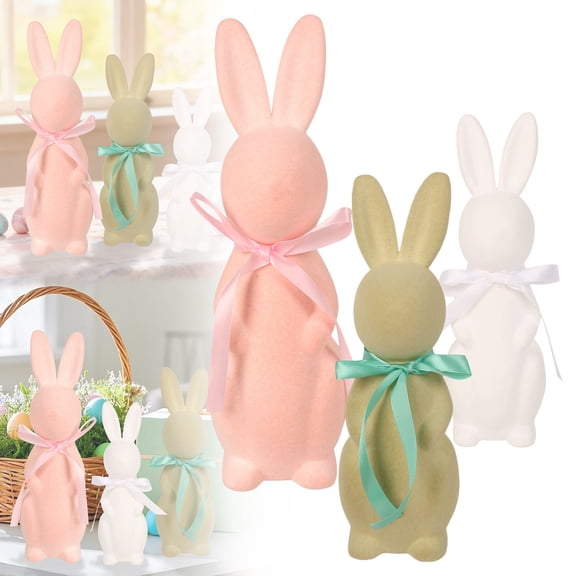 3PCS Easter Flocked Bunnies, White & Pink Sitting Rabbit Figurines with Bow Ties, Adorable Spring Tabletop & Garden Decor for Home and Easter Celebration