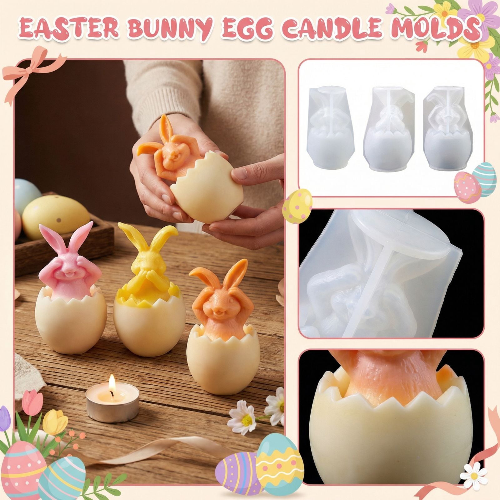 3PCS Easter silicone candle mold 5.1in bunny egg candle mold for diy easter decorations and easter decor candle making supplies