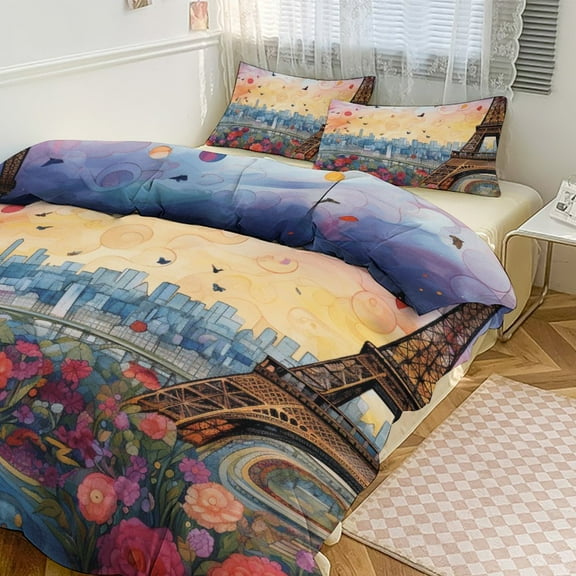 3PCS Eiffel Tower Duvet Cover Set Twin, 1 Duvet Cover And 2 Pillowcase, Duvet Cover for Kids Girls Boys And Teens