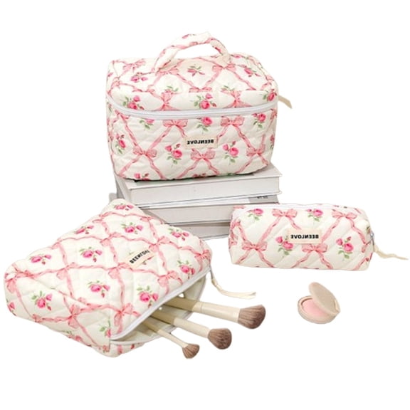 3PCS Elegant Floral Cosmetic Bags, Quilted Cotton Makeup Organizer Set for Women, Multi-Size Travel Toiletry Bag, Perfect Gift for Her, Birthday, Christmas (Pink)