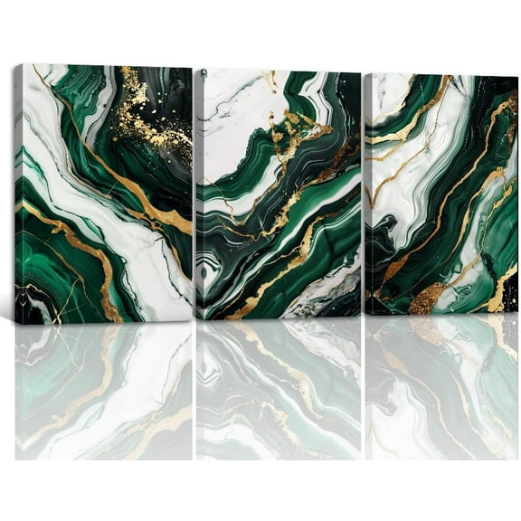 3PCS Emerald Green Wall Art Green and Gold Abstract Canvas Prints Abstract Marble Texture Picture Paintings for Living Room Bedroom Office Decor Framed(Abstract-3,12.00" x 16.00" x 3Pcs)
