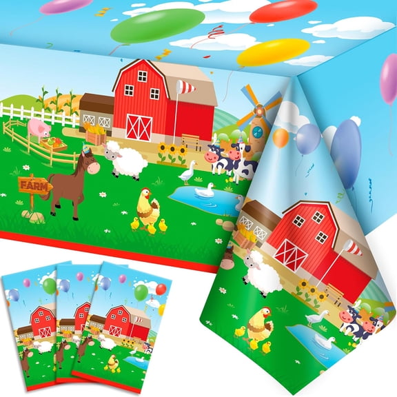 Party Tablecloth Set, 3 Pack Farm Animals Barnyard Theme, 42 X 71 Inch Disposable Plastic Table Cover for Birthday Party Decorations, Multicolor