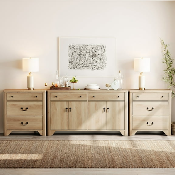 3PCS Farmhouse 122"W Large Sideboard Cabinet, 59" Sideboard with 4 Doors and 2 Drawers & 3-Drawer Storage Cabinets Set of 2 for Dining Room, Living Room, Kitchen, and Bedroom