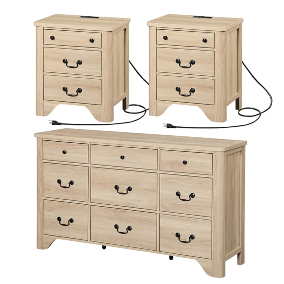 3PCS Farmhouse Dresser Set, 9-Drawer Dresser For Bedroom And Wood Nightstand Set Of 2 With Charging Station For Bedroom, Living Room, Hallway,Dining Room