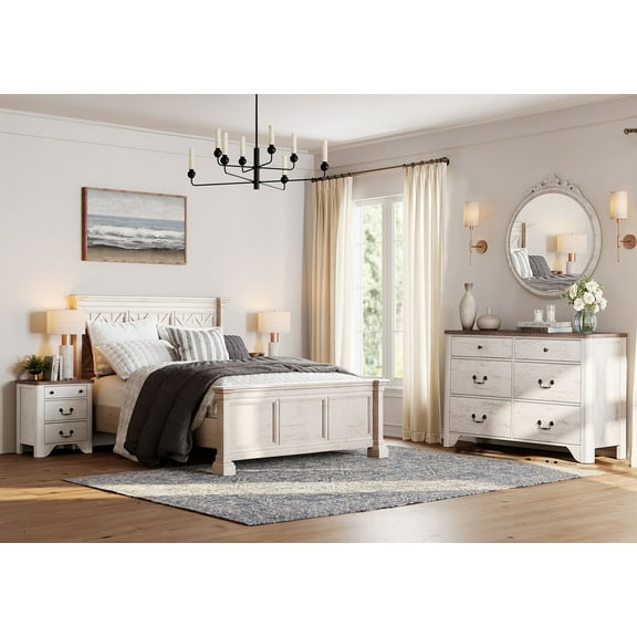 3PCS Farmhouse Dresser Set，White 6-Drawer Dresser For Bedroom And Wood Nightstand Set Of 2 With Charging Station For Bedroom, Living Room, Hallway,Dining Room