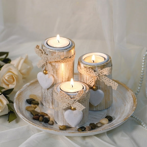3PCS Farmhouse Wooden Candle Holders Table Centerpieces Decorations,Wooden Tray with Tealight Candles Holders for Coffee Table Boho Home Decor,Living Room Fireplace Kitchen Housewarming Gifts