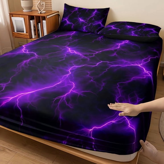 3PCS Fashion Purple Lightning Lines Fitted Sheet Set (1 Fitted Sheet + 2 PillowcaseWithout Pillow Core)(001,Twin)