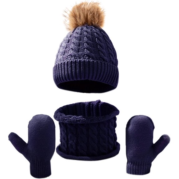 3PCS Fashion Winter Kids Hat and Gloves Set for Boys Girls Toddler Pompom Knit Thick Warm Beanie for Cold Weather