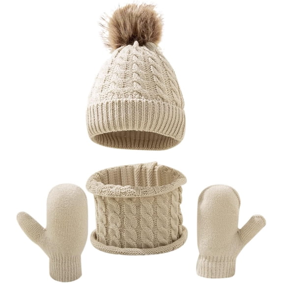 3PCS Fashion Winter Kids Hat and Gloves Set for Boys Girls Toddler Pompom Knit Thick Warm Beanie for Cold Weather