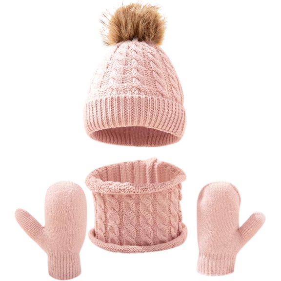 3PCS Fashion Winter Kids Hat and Gloves Set for Boys Girls Toddler Pompom Knit Thick Warm Beanie for Cold Weather