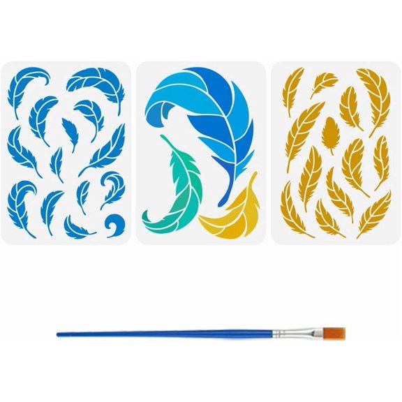 3PCS Feather Stencils with 1Pc Plastic Paint Brush 8.3x11.7inch Birds Feather Pattern Drawing Template Fantasy Themes Stencil for DIY
