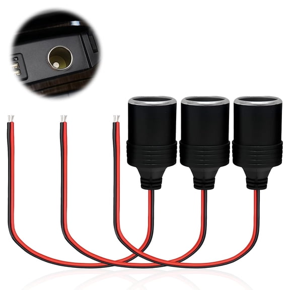 3PCS Female Car Cigarette Lighter Socket with Bare Wire Open End Cable 1FT/35CM, 12V 24V DC Power Extension Cord for GPS, Dash Cam, Car Charger and Universal Automotive Equipment up to 84W