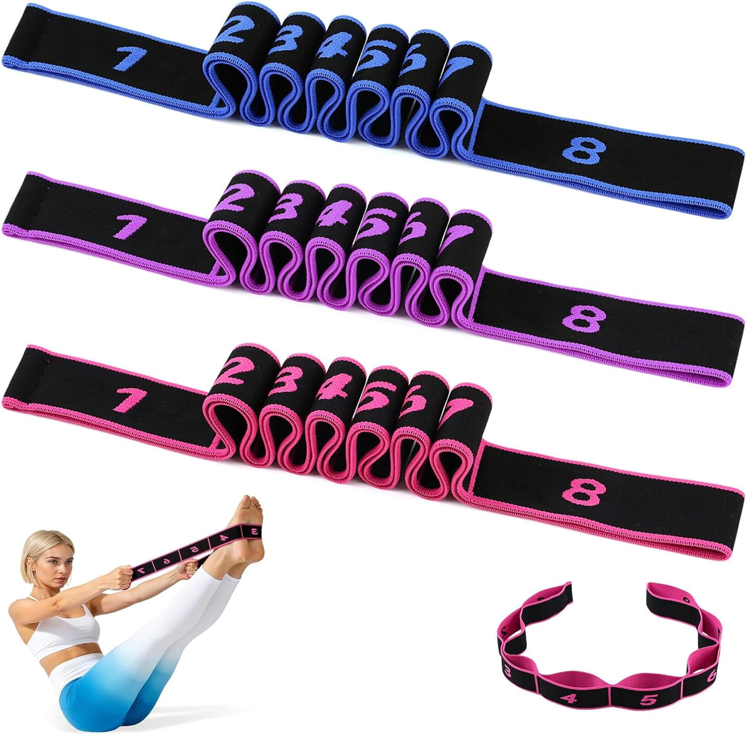 3PCS Fitness Resistance Band For Stretching And Yoga, Resistance Bands With Handles And Clear Markings, Fitness Resistance Bands 8-Section Elastic Training Bands
