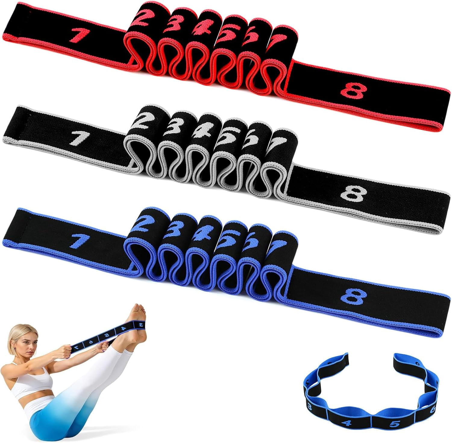 3PCS Fitness Resistance Band For Stretching And Yoga, Resistance Bands With Handles And Clear Markings, Fitness Resistance Bands 8-Section Elastic Training Bands