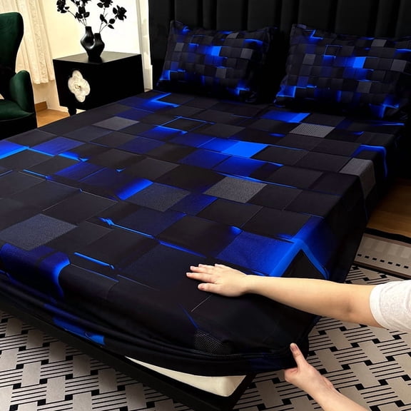 3PCS Fitted Sheet Set, Deep Pocket, Tech Grid Pattern, Soft, For Bedroom & Dorm(Blue,Twin)