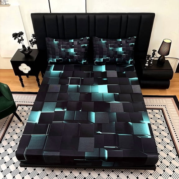 3PCS Fitted Sheet Set, Deep Pocket, Tech Grid Pattern, HD Printing, for Bedroom & Dorm(green,Full)