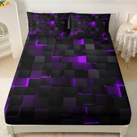 3PCS Fitted Sheet Set, Deep Pocket, Tech Grid Pattern, HD Printing, for Bedroom & Dorm(purple,Twin)
