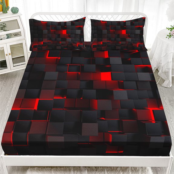 3PCS Fitted Sheet Set, Deep Pocket, Tech Grid Pattern, HD Printing, for Bedroom & Dorm(red,Twin)