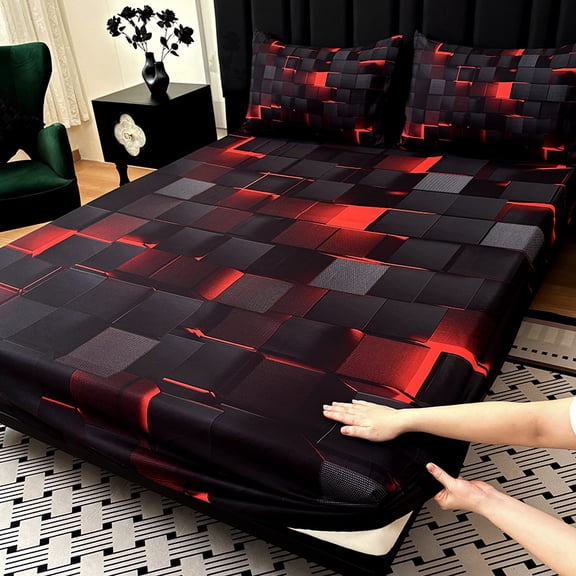3PCS Fitted Sheet Set, Deep Pocket, Tech Grid Pattern, Soft, For Bedroom & Dorm(Red,Twin)