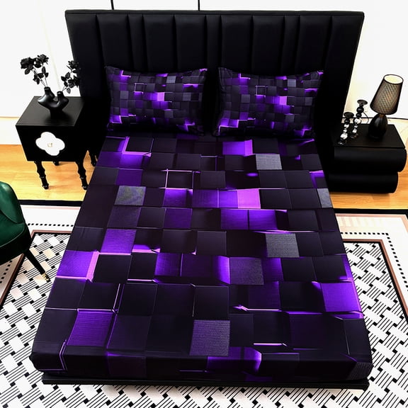3pcs Cool Technology Digital Printing Material Plaid Fitted Sheet(1pc Bed Sheet+2pcs Pillowcase No Filling)Deep Pocket In 15 Inch At Home Dormitory Suitable for All Seasons(Purple,Twin)