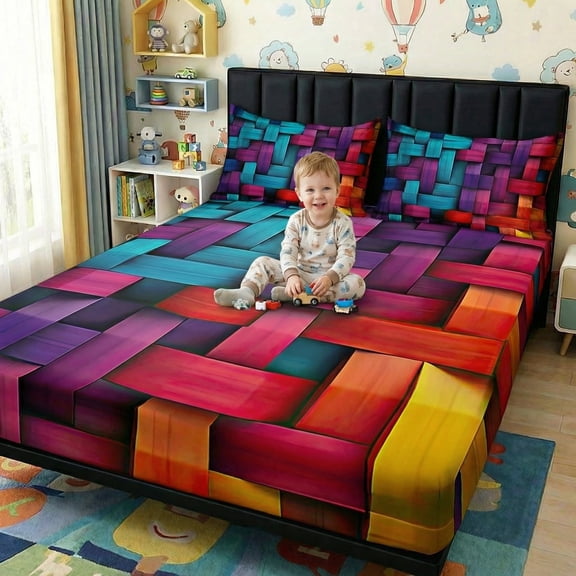 3PCS Fitted Sheet Set, Deep Pocket, Tech Grid Pattern, Soft, for Bedroom & Dorm(Multicolored,Twin)