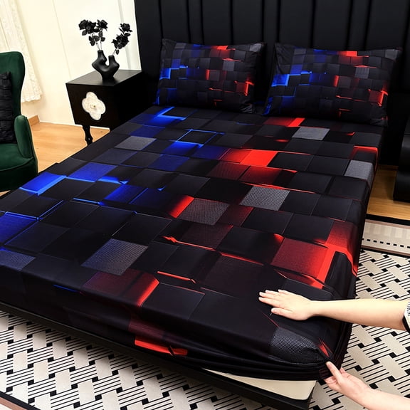 3PCS Fitted Sheet Set, Deep Pocket, Tech Grid Pattern, Soft, For Bedroom & Dorm(Red&Blue,Twin)