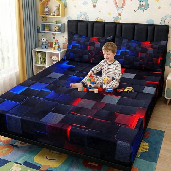 3PCS Fitted Sheet Set, Deep Pocket, Tech Grid Pattern, Soft, for Bedroom & Dorm(Red and blue,Twin)