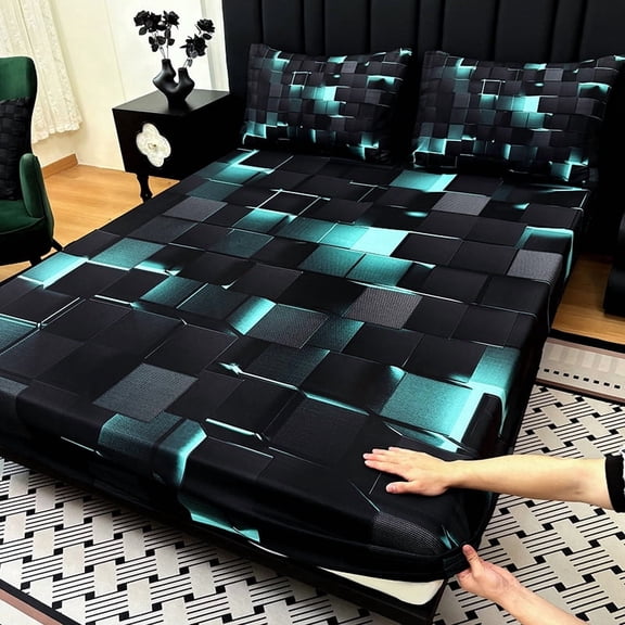 3PCS Fitted Sheet Set, Deep Pocket, Tech Grid Pattern, Soft, For Bedroom & Dorm(Green,Twin)