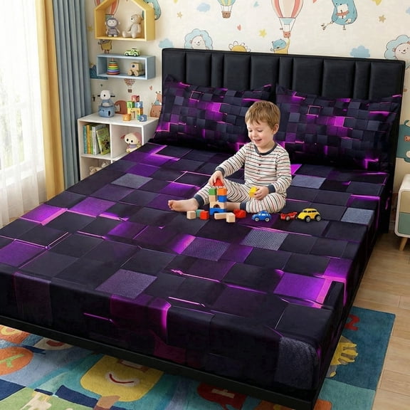 3PCS Fitted Sheet Set, Deep Pocket, Tech Grid Pattern, Soft, For Bedroom & Dorm(Purple,Twin)