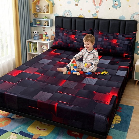 3PCS Fitted Sheet Set, Deep Pocket, Tech Grid Pattern, Soft, For Bedroom & Dorm(Red,Twin)