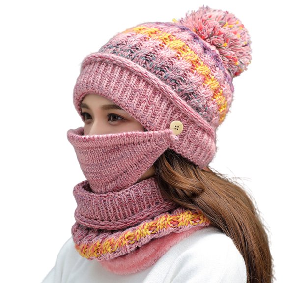 3PCS Fleece Lined Women Knit Beanie Scarf Mouth Mask Set for Girl Winter Ski Hat with Pompom