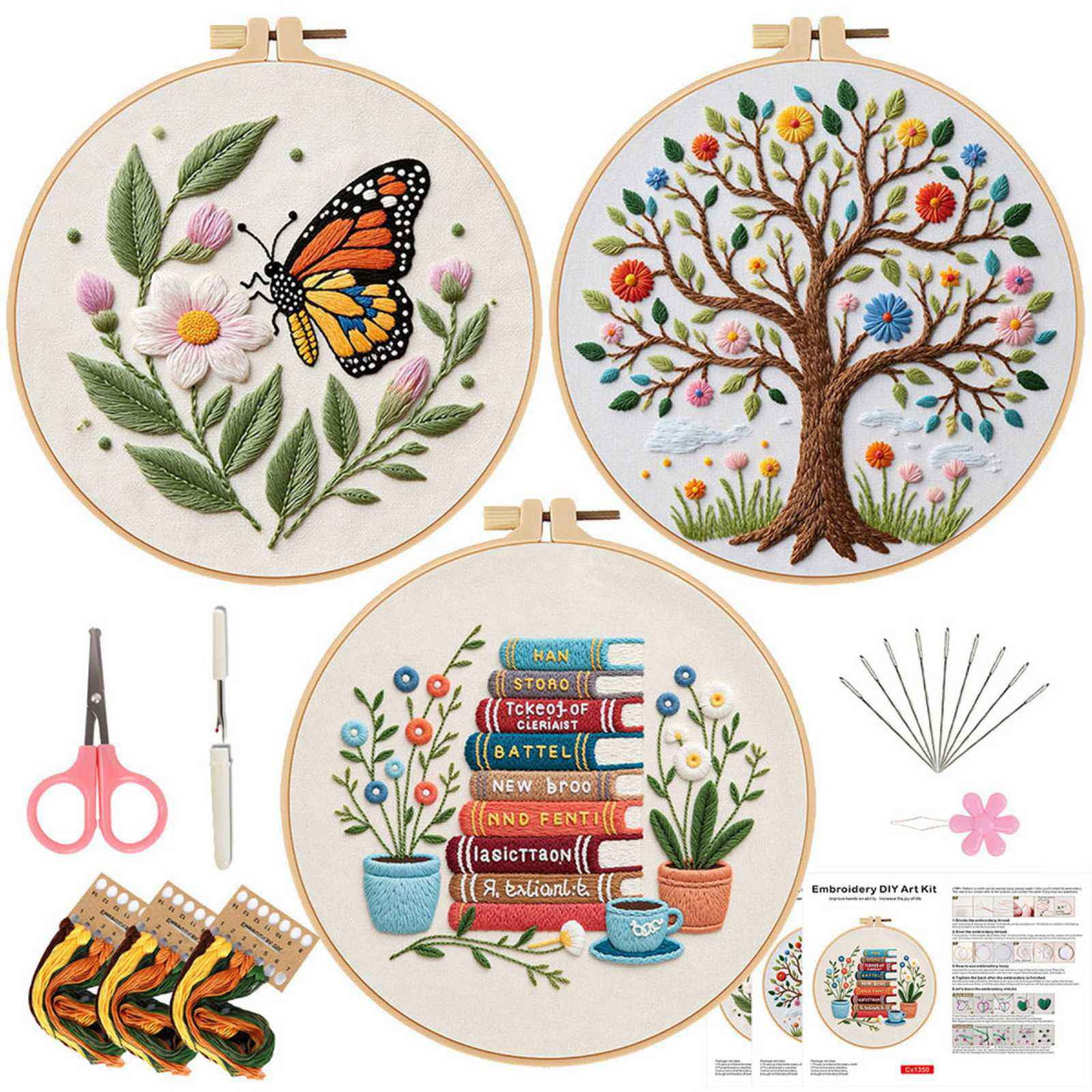 3PCS Flowers Embroidery Kits for Beginners Adults, Butterfly Hand Embroidery Starter Kits, Floral Cross Stitch Kits for Beginner Needlepoint DIY Kits for Adult, Embroidery Hoops, Thread