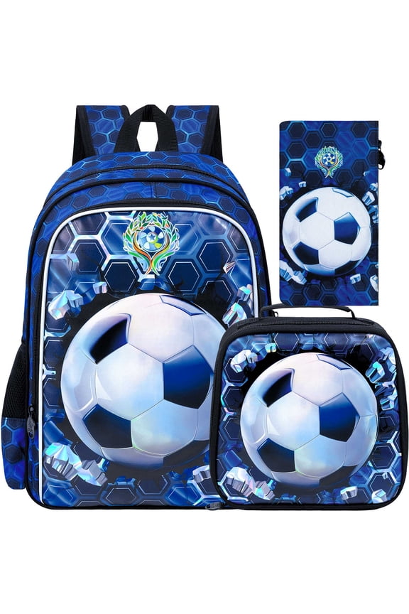 3PCS Football Backpack for Boys, 16'' Kids Soccer Bookbag with Lunch Box, Water Resistant School Backpacks for Preschool Elementary Kindergarten Travel