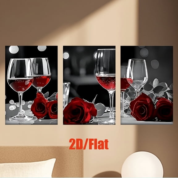 3PCS Frameless Canvas Painting Classic Romantic Red Wine and Roses Poster, Elegant Abstract Wall Decoration, Suitable for Living Room, Office, Bar, Cafe, Home Decor