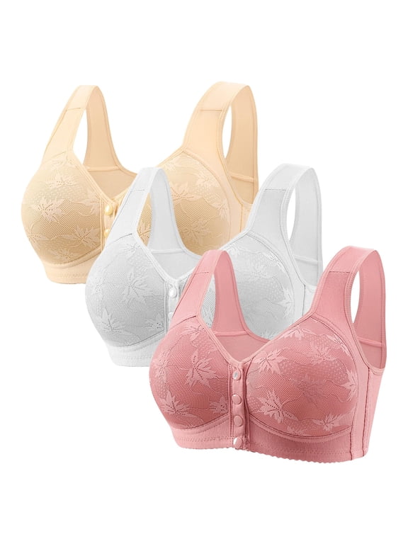 3PCS Front Closure Bras for Older Women No Underwire Full Coverage Push Up Seamless Bra