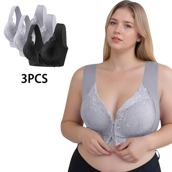 3PCS Front Closure Bras for Women Plus Size Seamless Wireless Bralette Lace Patchwork Everyday Underwear New Seamless Sports Bras Gray XL