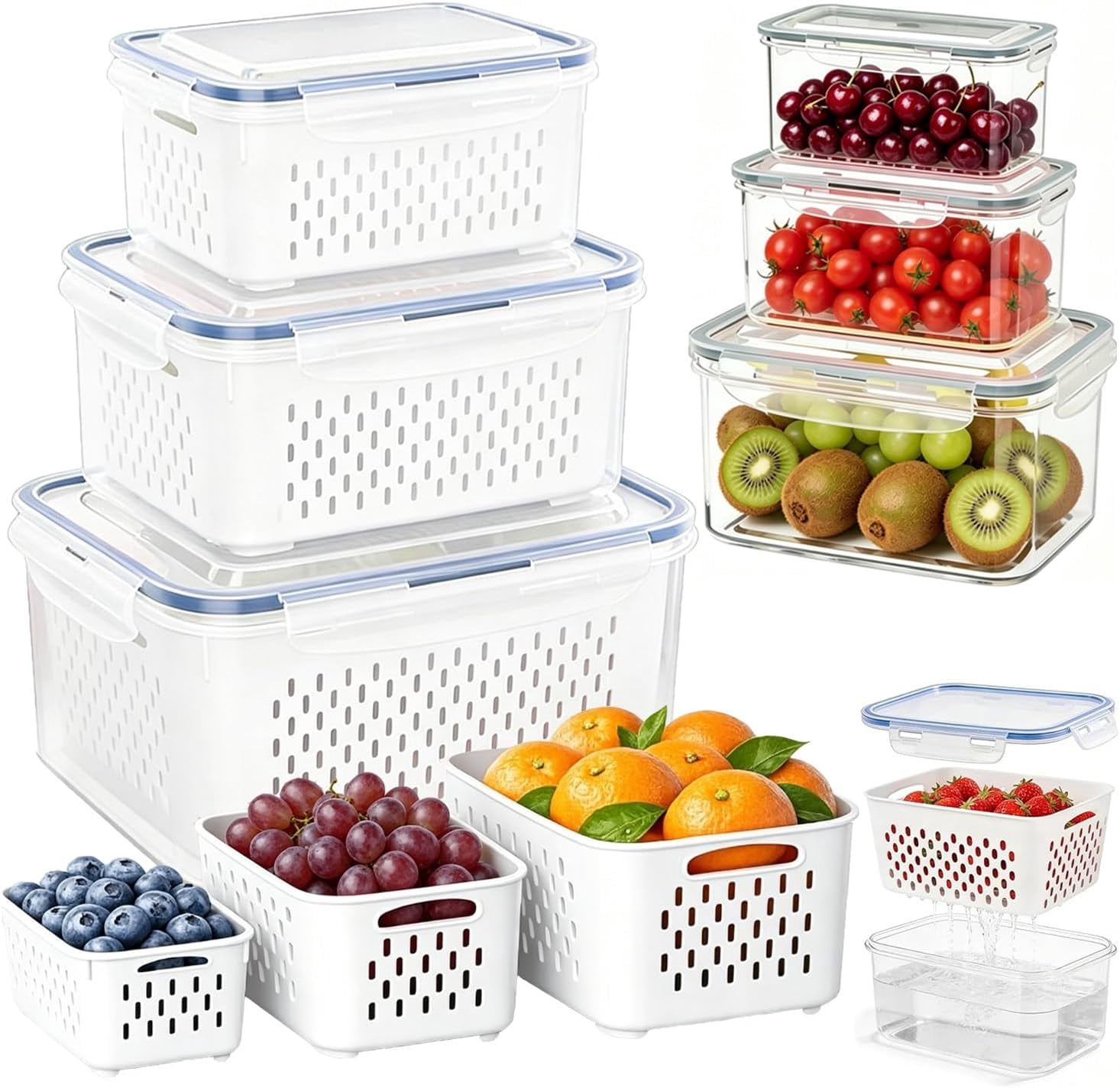 3PCS Fruit Storage Containers for Fridge with Removable Colander, 4 in 1 Airtight Food Storage Containers, Dishwasher & Microwave Safe Produce Containers, Keep Fruits, Vegetables Fresh Longer