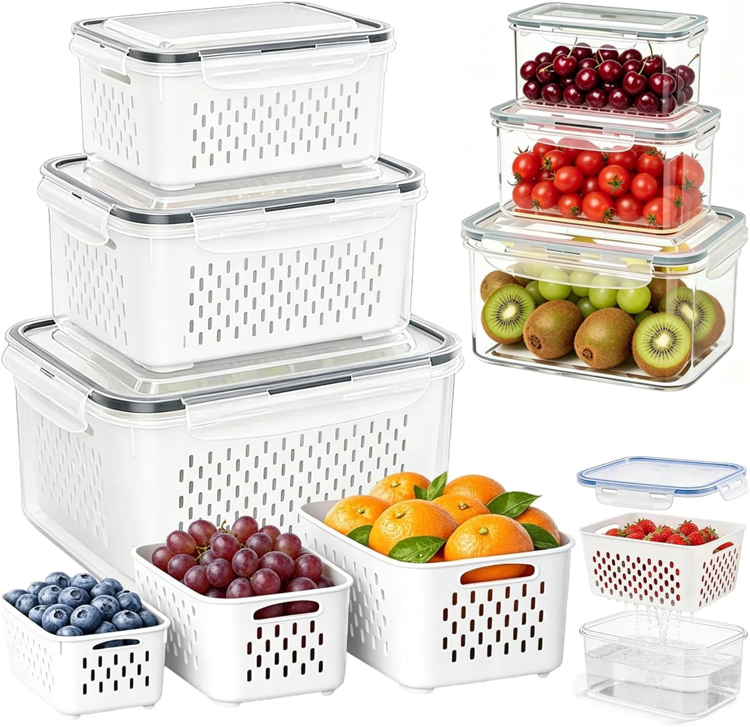 3PCS Fruit Storage Containers for Fridge with Removable Colander, 4 in 1 Airtight Food Storage Containers, Dishwasher & Microwave Safe Produce Containers, Keep Fruits, Vegetables Fresh Longer